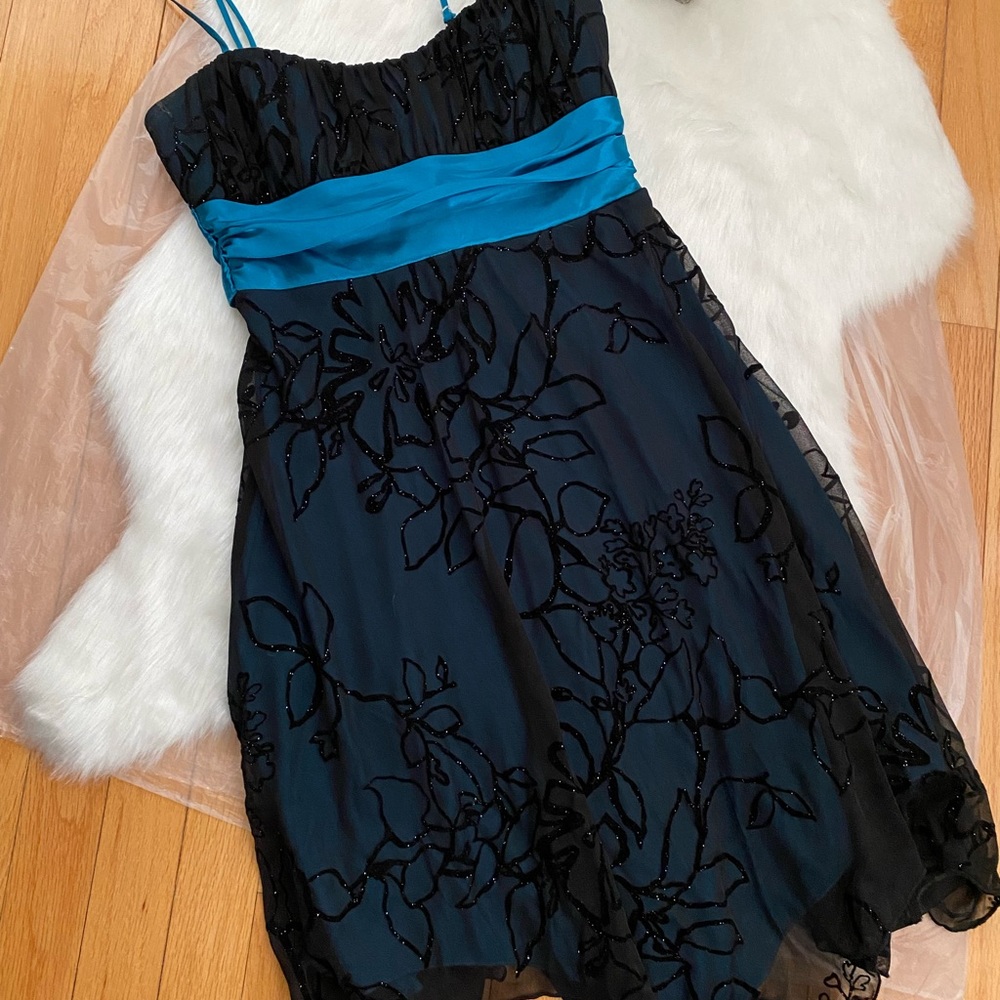 Women's Black Floral Lace Dress with Teal Waistband